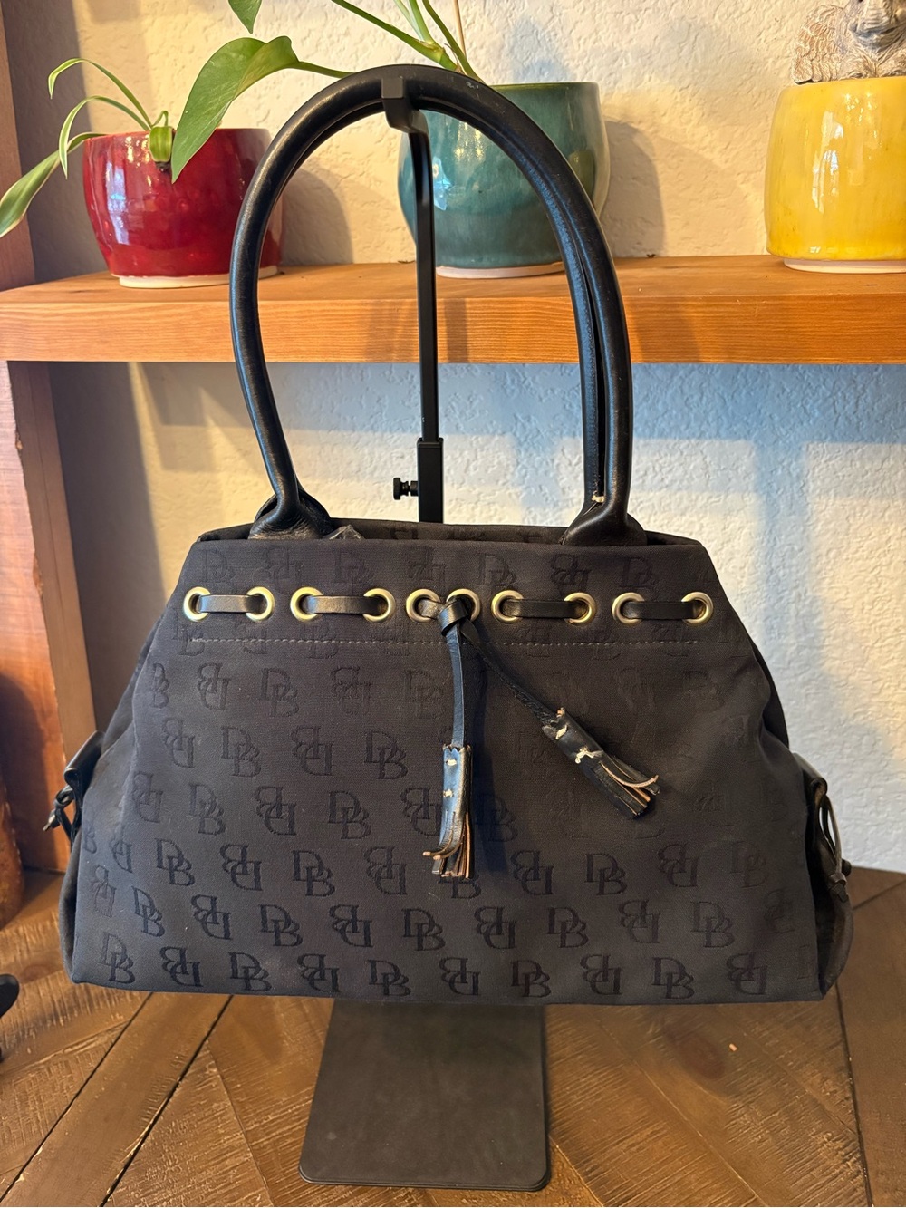 Dooney & Bourke Black DB Logo Drawstring Satchel with Gold Hardware